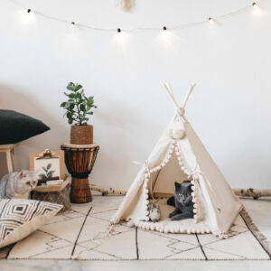 Pet Teepee with Pompoms & Padded Mat – Ecru, Size S