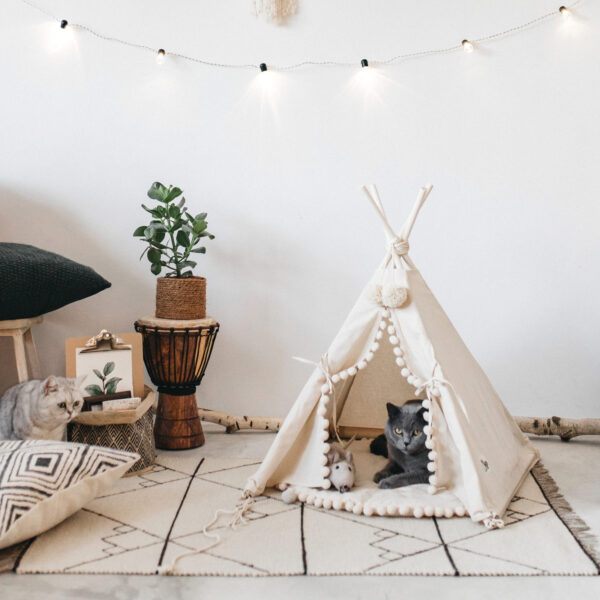 Pet Teepee with Pompoms & Padded Mat – Ecru, Size S