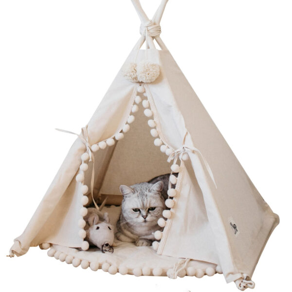 Pet Teepee with Pompoms & Padded Mat – Ecru, Size S