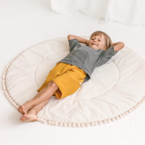Round Kids Play Mat with Pompom Border – Ecru, 115 cm