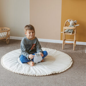 Round Kids Play Mat with Pompom Border – Ecru, 115 cm