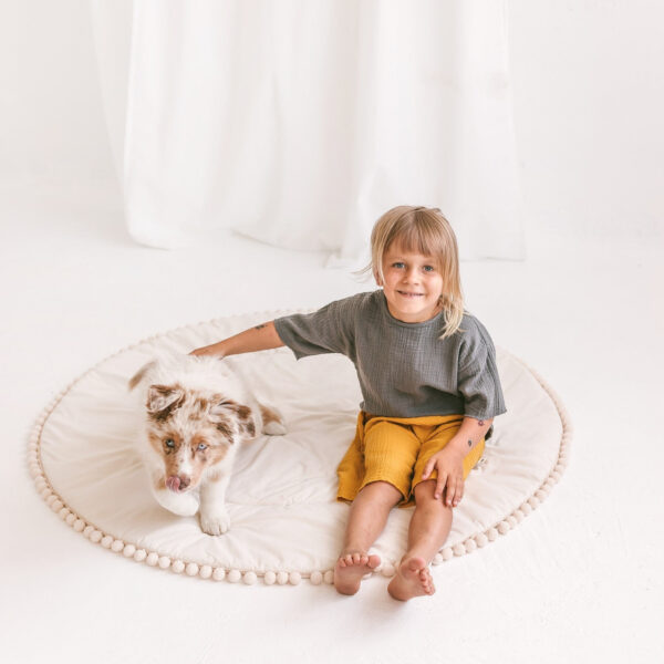 Round Kids Play Mat with Pompom Border – Ecru, 115 cm