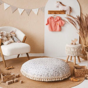 Round Floor Cushion with Tassels – Forest Animal Print, 100 cm