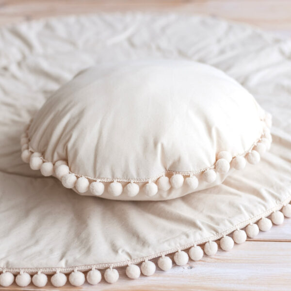 Round Cotton Cushion with Pompoms – Ecru, 45 cm