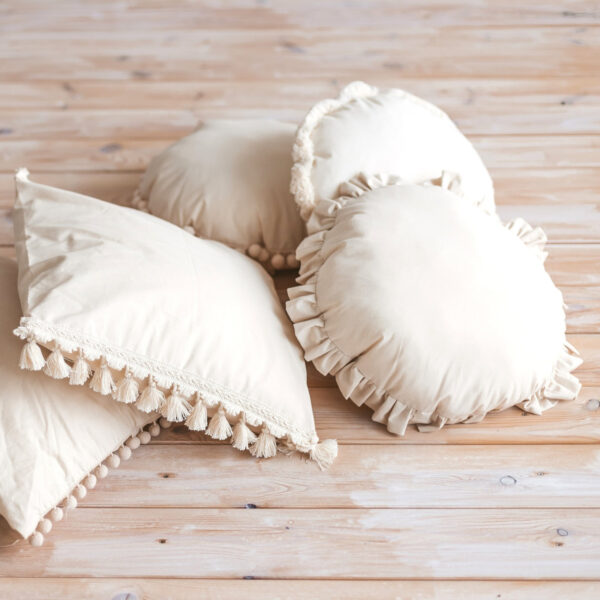 Round Cotton Cushion with Pompoms – Ecru, 45 cm