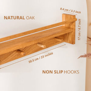 Solid Oak Kids Bookshelf with Rail & 4 Hooks – 58.5 cm