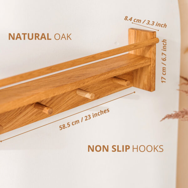 Solid Oak Kids Bookshelf with Rail & 4 Hooks – 58.5 cm
