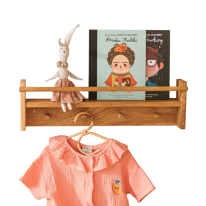 Solid Oak Kids Bookshelf with Rail & 4 Hooks – 58.5 cm
