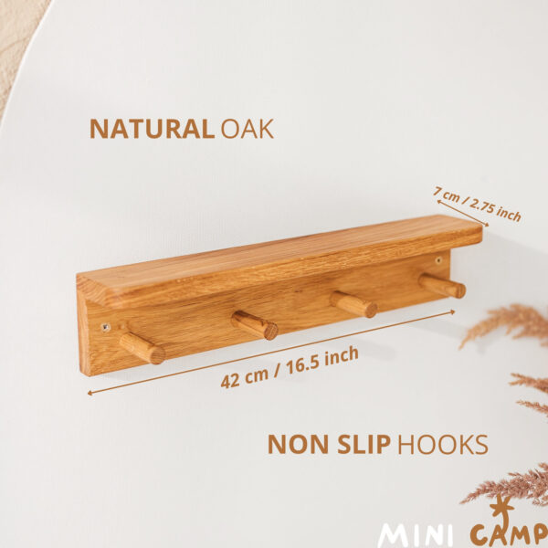 Solid Oak Wall Shelf with 4 Coat Hooks – 42 cm