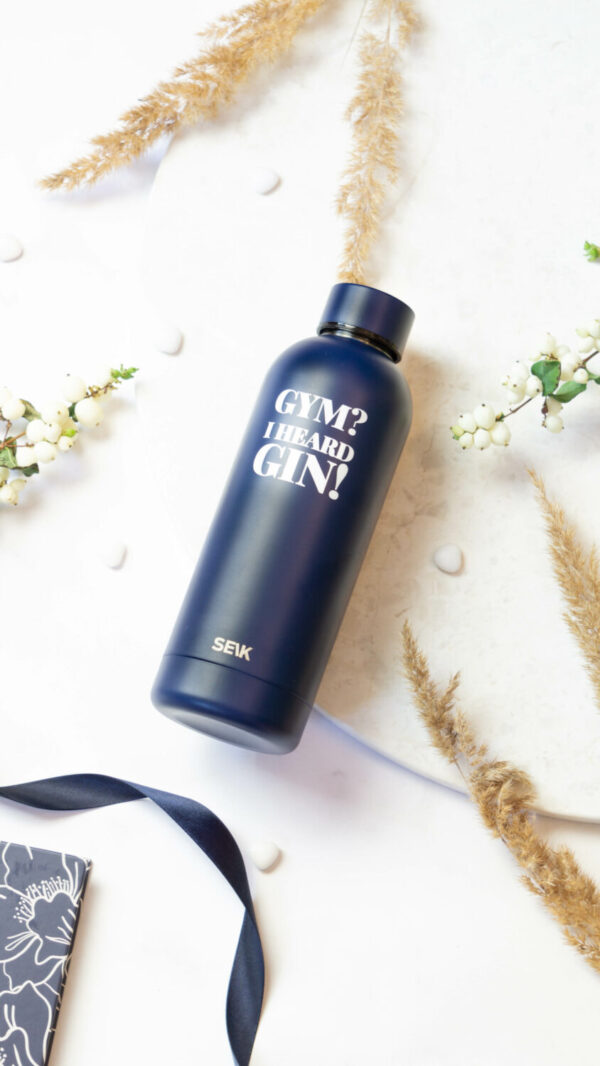 Water Bottle / Thermos – Gym? I Heard Gin! – Dark Blue, 500 ml, Stainless Steel