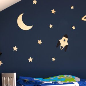 Wooden Space Wall Decoration – Moon, Saturn, Rocket & 10 Stars