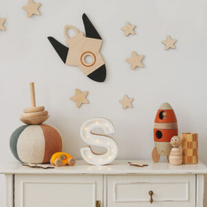 Wooden Space Wall Decoration – Moon, Saturn, Rocket & 10 Stars