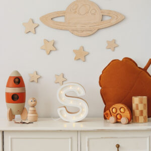 Wooden Space Wall Decoration – Moon, Saturn, Rocket & 10 Stars