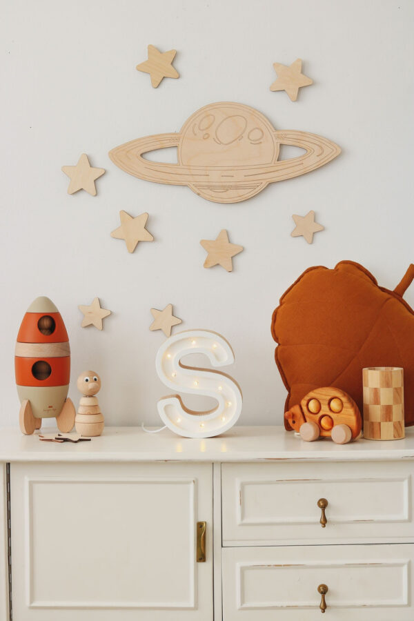 Wooden Space Wall Decoration – Moon, Saturn, Rocket & 10 Stars