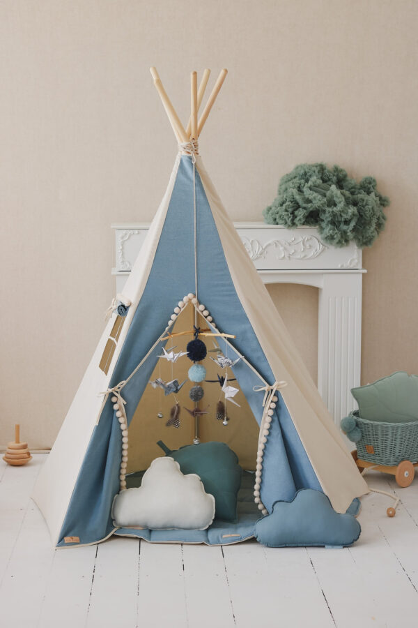 Denim Teepee Tent with Pompoms – 170 cm