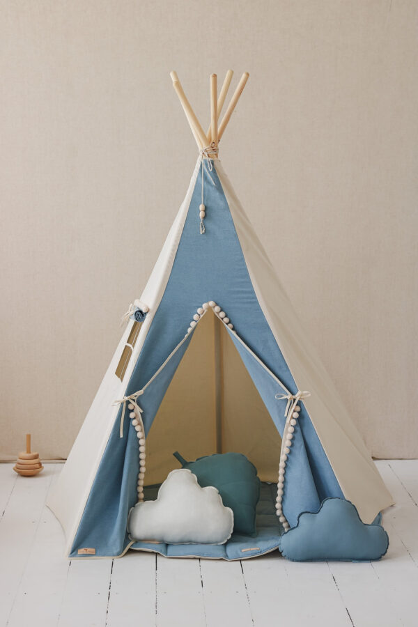Denim Teepee Tent with Pompoms – 170 cm