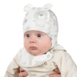 White and Beige Bear-Print Cotton Baby Balaclava