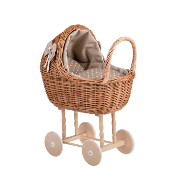 Lena Wicker Doll Stroller – Beige Bedding