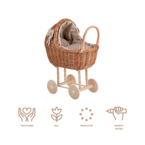 Lena Wicker Doll Stroller – Beige Bedding