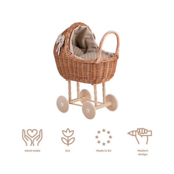 Lena Wicker Doll Stroller – Beige Bedding