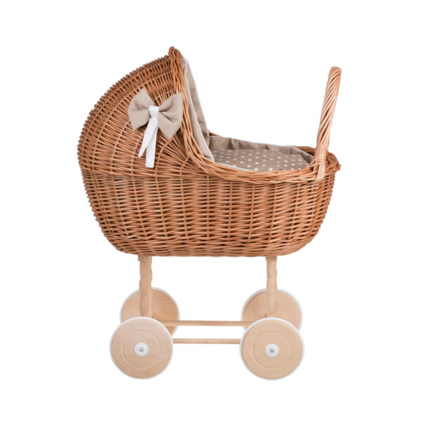 Lena Wicker Doll Stroller – Beige Bedding