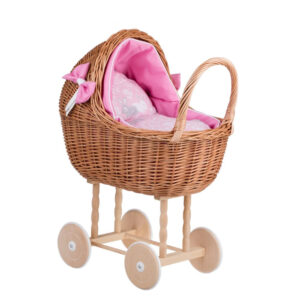 Lena Wicker Doll Stroller – Pink Bedding