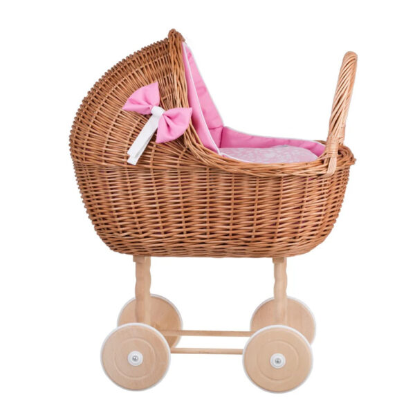 Lena Wicker Doll Stroller – Pink Bedding