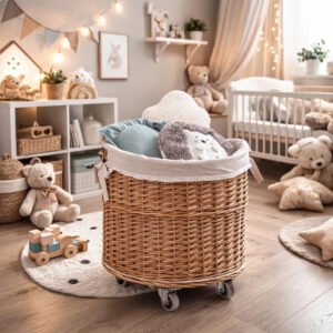 Caros Round Wicker Storage Basket on Wheels